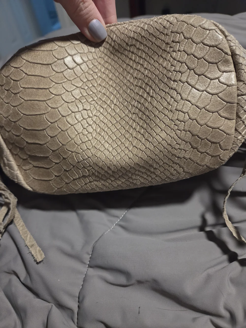 NWOT Italian Leather Fringed Snake-Embossed Bucket Bag - Taupe